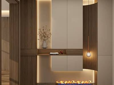 Modern Entrance Hallway Design With Wooden Panels Built in Lighting Storage Cabinets And Fireplace 3d model