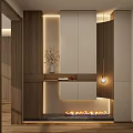 Modern Entrance Hallway Design With Wooden Panels Built in Lighting Storage Cabinets And Fireplace