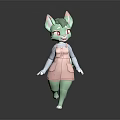 Cute 3D Cartoon Green Animal Sculpture with Pink Ears Red Eyes and Pink Overalls