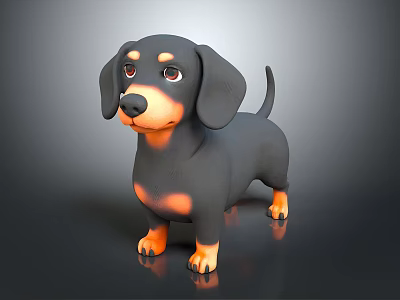 Cartoon Dachshund 3D Model Figure With Black Orange Coat And Shiny Reflective Surface 3d model