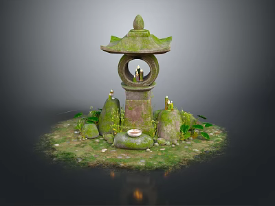 Japanese Stone Lantern Garden Scene With Moss Candles Stones And Green Plants 3d model