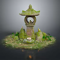 Japanese Stone Lantern Garden Scene With Moss Candles Stones And Green Plants