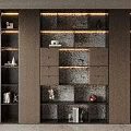Modern Wooden Bookcase Design With Integrated Lighting Multiple Shelves And Storage Drawers