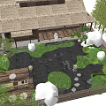 Karesansui Japanese Garden with Thatched Roof Wooden House Stone Lanterns and Mossy Greenery