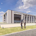 Modern Office Building Exterior With Glass Curtain Walls Wooden Accents Pedestrians And Greenery