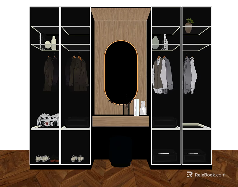 Modern Wardrobe Interior With Oval Mirror Open Shelves Hanging Clothes And Shoe Storage 3d model 