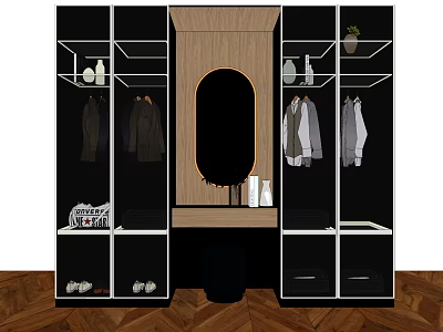 Modern Wardrobe Interior With Oval Mirror Open Shelves Hanging Clothes And Shoe Storage 3d model