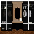 Modern Wardrobe Interior With Oval Mirror Open Shelves Hanging Clothes And Shoe Storage