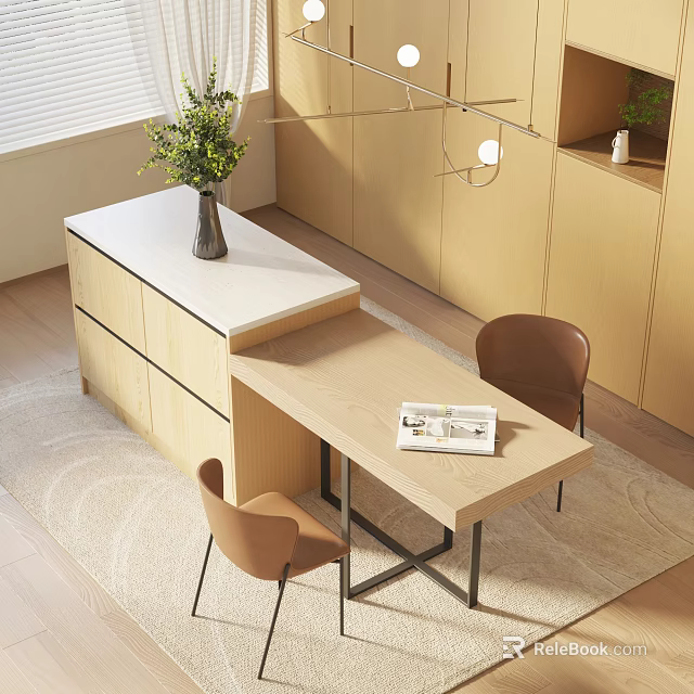 Modern Dining Table Set With Wooden Top Two Brown Chairs Vase And Magazine 3d model 
