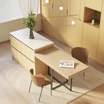 Modern Dining Table Set With Wooden Top Two Brown Chairs Vase And Magazine 3d model