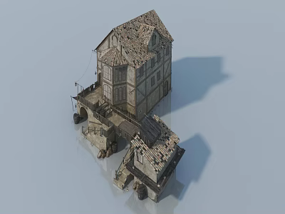 Vintage Stone House Exterior Featuring Wooden Hinged Door And Weathered Roof Structure 3d model