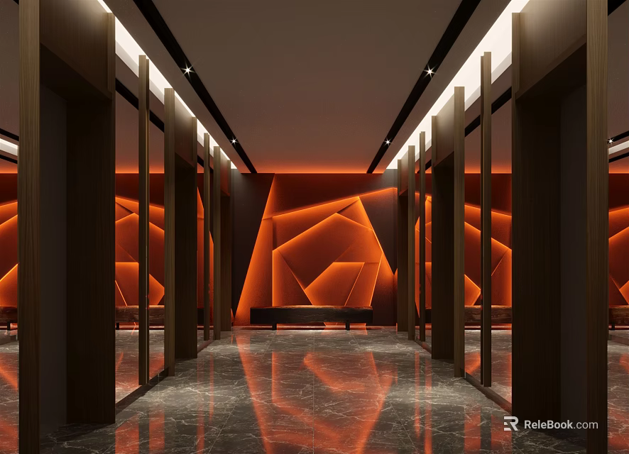 Elevator Lobby Modern Design With Geometric Orange Wall Lighting And Polished Marble Floor 3d model 