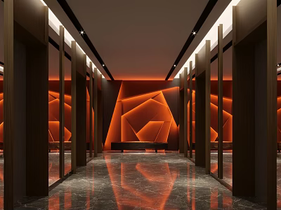 Elevator Lobby Modern Design With Geometric Orange Wall Lighting And Polished Marble Floor 3d model