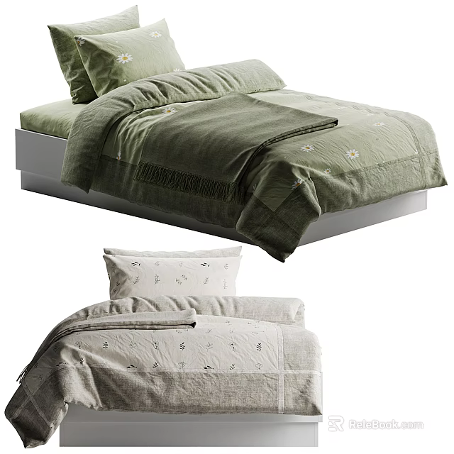 Single Bed With Green Floral Duvet Pillow And Grey Embroidered Bedding Set 3d model 