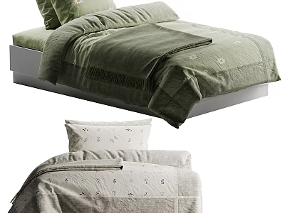 Single Bed With Green Floral Duvet Pillow And Grey Embroidered Bedding Set 3d model