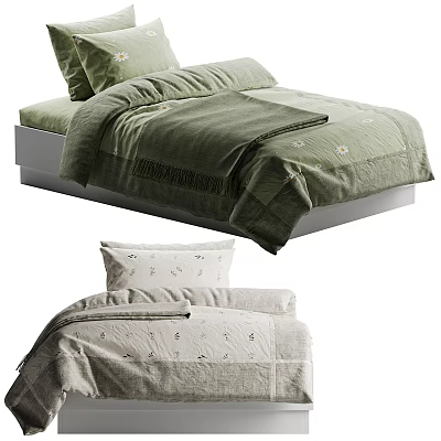 Single Bed With Green Floral Duvet Pillow And Grey Embroidered Bedding Set 3d model