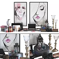 Stylish Perfume Cosmetics Display With Women's Face Paintings And Decorative Items