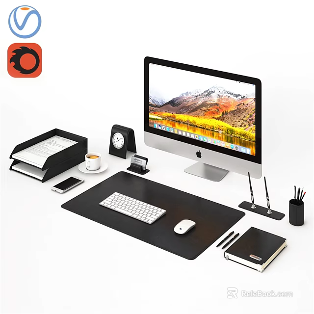Stylish Office Wall Decor With Scenic Landscape Artwork And Modern Desktop Setup 3d model 