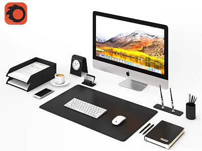 Stylish Office Wall Decor With Scenic Landscape Artwork And Modern Desktop Setup 3d model