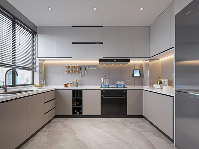 Modern Kitchen Interior Design With Gray Cabinets Stainless Steel Refrigerator And Windows With Blinds 3d model