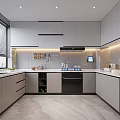 Modern Kitchen Interior Design With Gray Cabinets Stainless Steel Refrigerator And Windows With Blinds