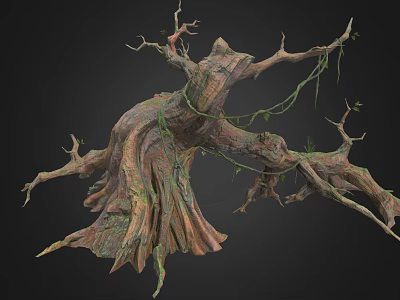 Natural Wooden Tree Stump with Twisted Branches Moss Vines and Rough Surface Texture 3d model