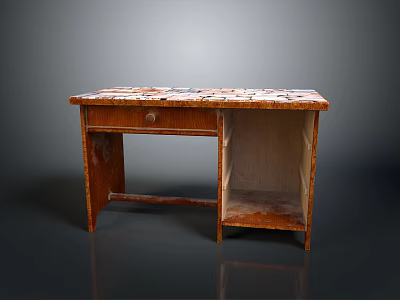Single Drawer Wooden Dining Table With Patterned Tabletop And Open Lower Shelf 3d model