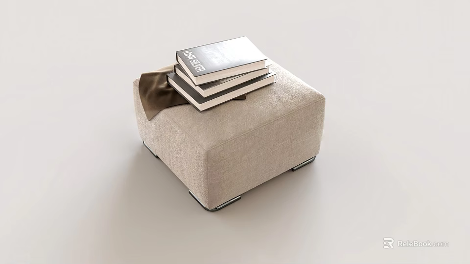 Beige Square Fabric Stool with Stack of Books Placed on Top Surface Design 3d model 