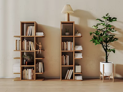 Modern Wooden Bookcase With Tiered Shelves Books Decorative Items Table Lamp And Potted Plant 3d model