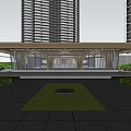 Modern Sales Office Building With Arched Structure Glass Facade And High Rise Buildings