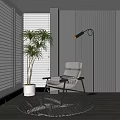 Modern White Leisure Chair With Black Legs By Window Floor Lamp And Potted Plant