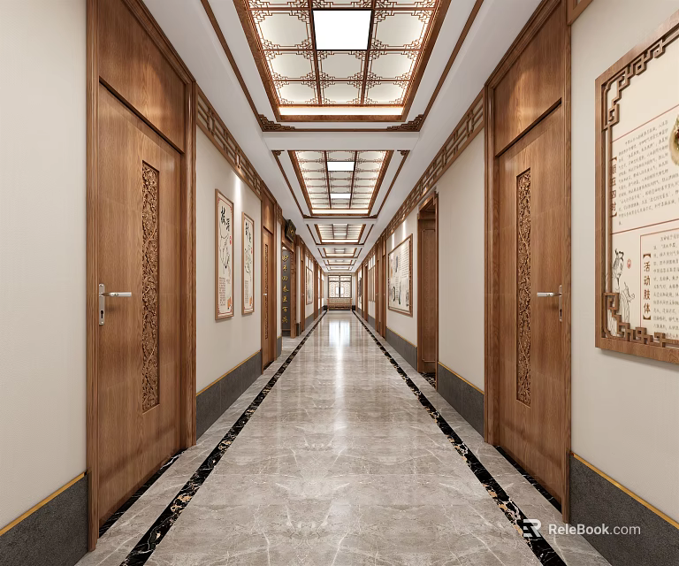 Elevator Hallway Interior With Wooden Doors Marble Floor Ceiling Lights And Decorative Paintings 3d model 