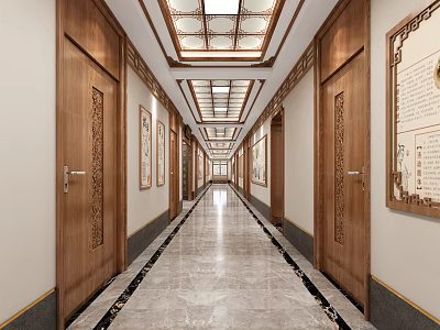 Elevator Hallway Interior With Wooden Doors Marble Floor Ceiling Lights And Decorative Paintings 3d model