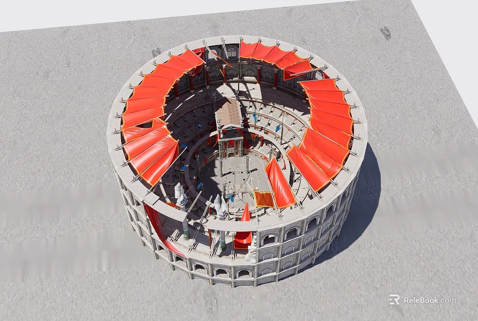 Ancient Circular Architecture with Red Roof Gray Walls and Intricate Internal Layout 3d model 