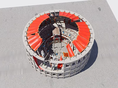 Ancient Circular Architecture with Red Roof Gray Walls and Intricate Internal Layout 3d model