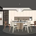 Modern Dining Room Dining Table and Chair Combination Round Table Chandelier Sideboard Hanging Picture Floor Lamp Green Plant 3d model