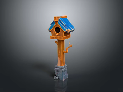 Wooden Bird House With Blue Roof On Stone Base For Garden Birds 3d model