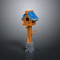 Wooden Bird House With Blue Roof On Stone Base For Garden Birds