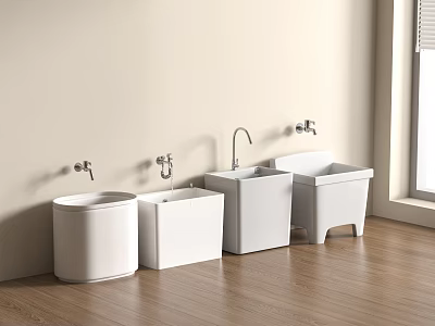 White Bathroom Accessories With Four Units Featuring Faucets Against Wall On Wooden Floor 3d model