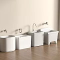 White Bathroom Accessories With Four Units Featuring Faucets Against Wall On Wooden Floor