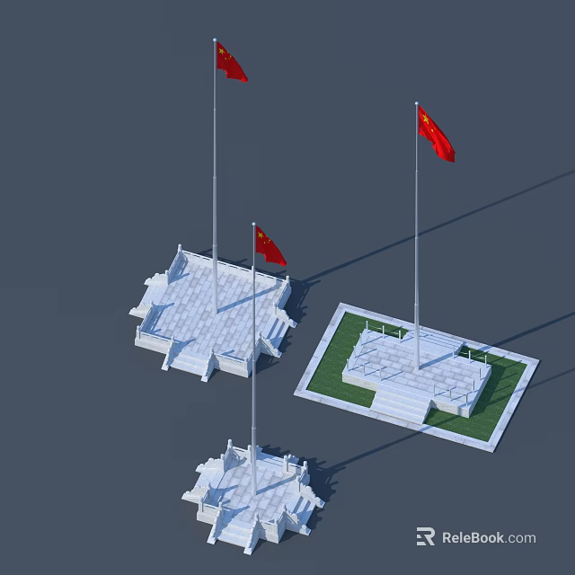 Red National Flags On Tall Flagpoles With White Stone Bases In Open Outdoor Square 3d model 