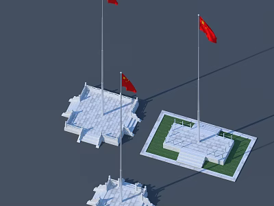 Red National Flags On Tall Flagpoles With White Stone Bases In Open Outdoor Square 3d model
