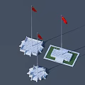 Red National Flags On Tall Flagpoles With White Stone Bases In Open Outdoor Square