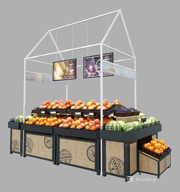 Modern Fruit Display Shelves With Fresh Apples Oranges Watermelons And Hanging Screens 3d model 