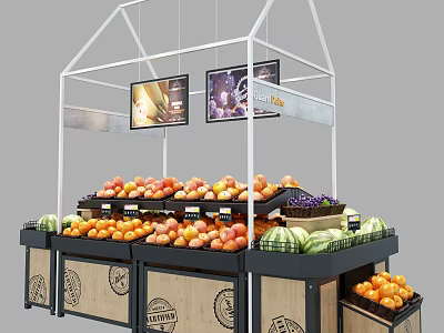 Modern Fruit Display Shelves With Fresh Apples Oranges Watermelons And Hanging Screens 3d model
