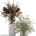 Transparent Glass Vase With Dried Pampas Grass Purple Brown Flowers And Green Foliage