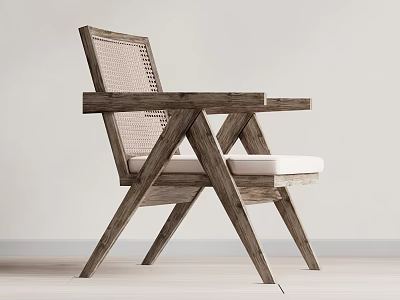Modern Wooden Leisure Chair With Woven Backrest White Cushion And Crossed Legs 3d model