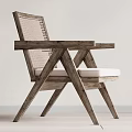 Modern Wooden Leisure Chair With Woven Backrest White Cushion And Crossed Legs