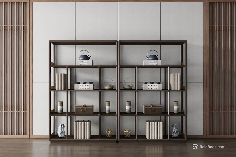 Modern Chinese Style Display Shelf with Open Layers Antiques Books Teapots and Vases 3d model 