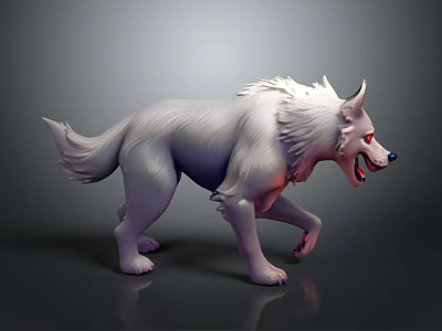 3D Wolf Model With White Gray Fur Red Eyes Open Mouth Dynamic Walking Pose 3d model